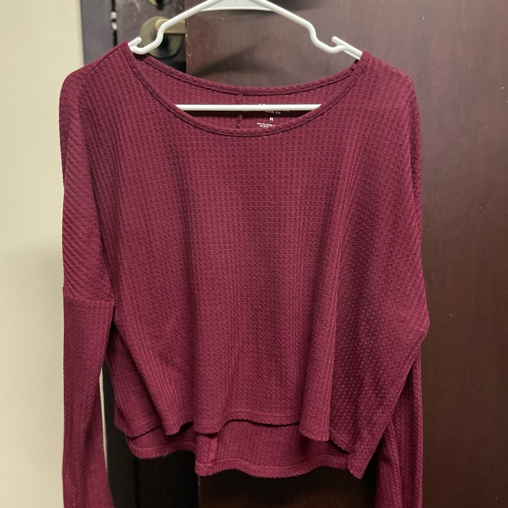 Maroon waffle knot long-sleeved top